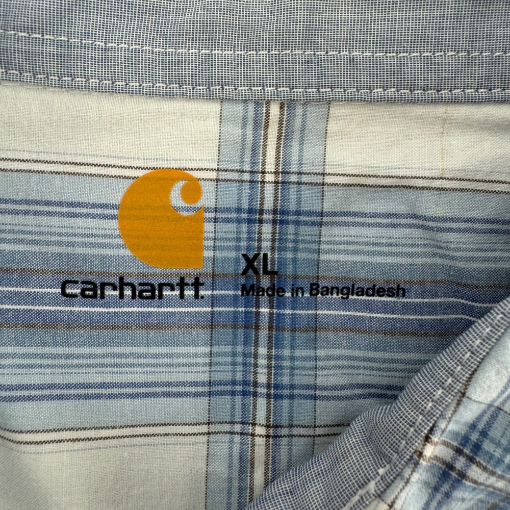 Carhartt Mens XL Button Up Short Sleeve Blue Plaid Work Casual Shirt - Picture 2 of 2